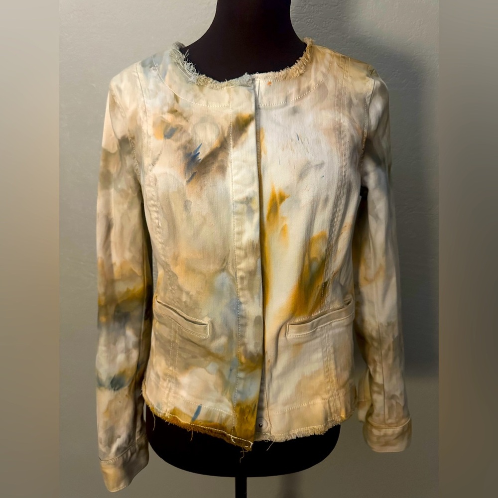 Hand ice dyed Cabi white denim stretch jacket with raw edges. S